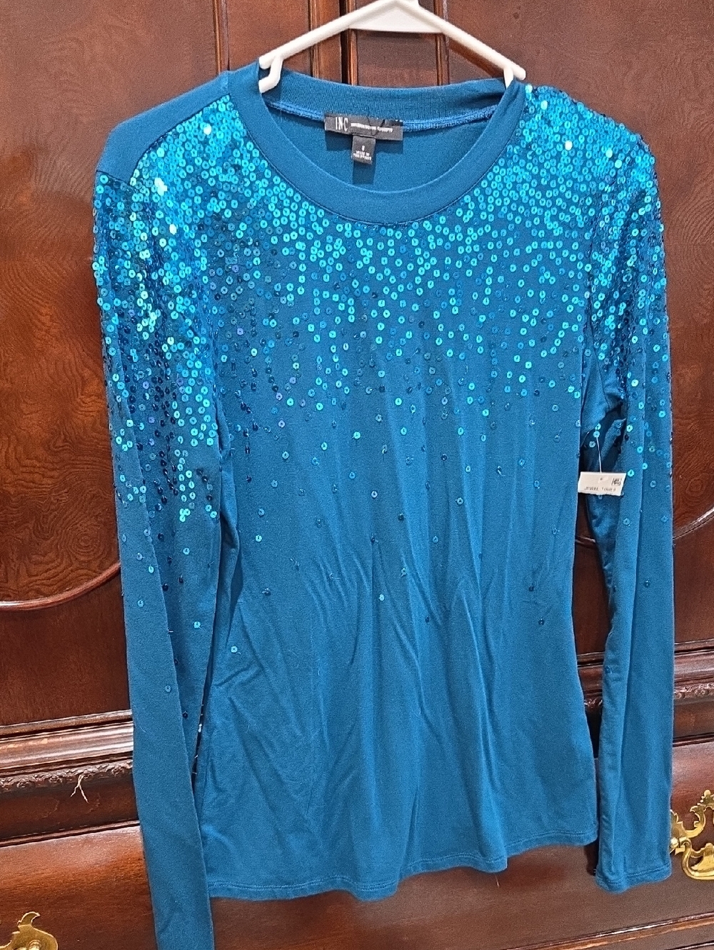 Charter Club Teal Sequin Long-Sleeve Top
